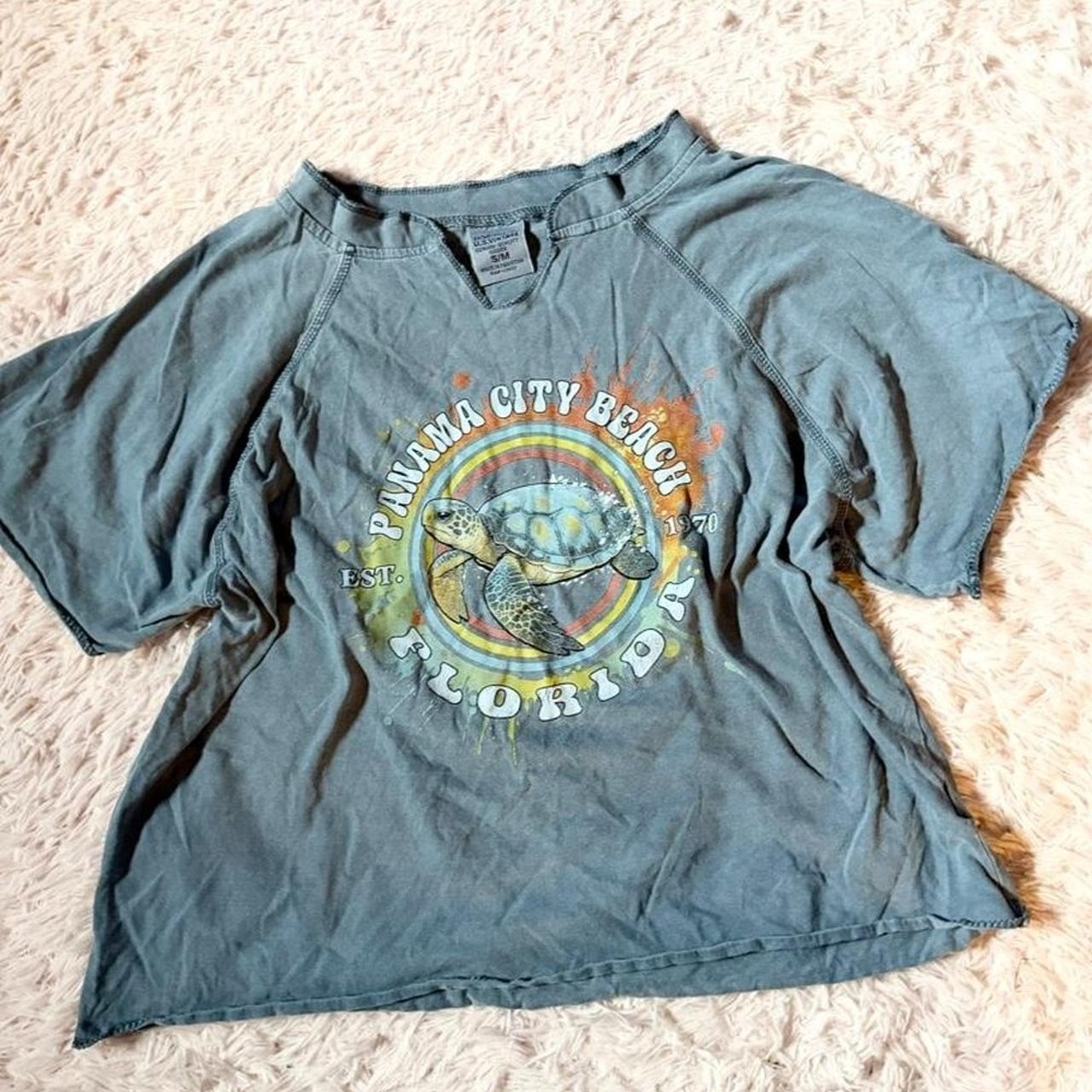 Earthy Turtle Beachy Grunge Boho Florida Boxy Crop Top Tee Womens M Distressed